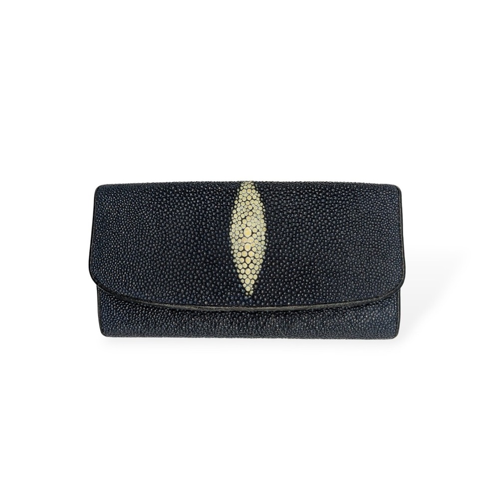 Stingray Skin Wallet Black Large Bifold Clutch Genuine Shagreen Pearl Eye